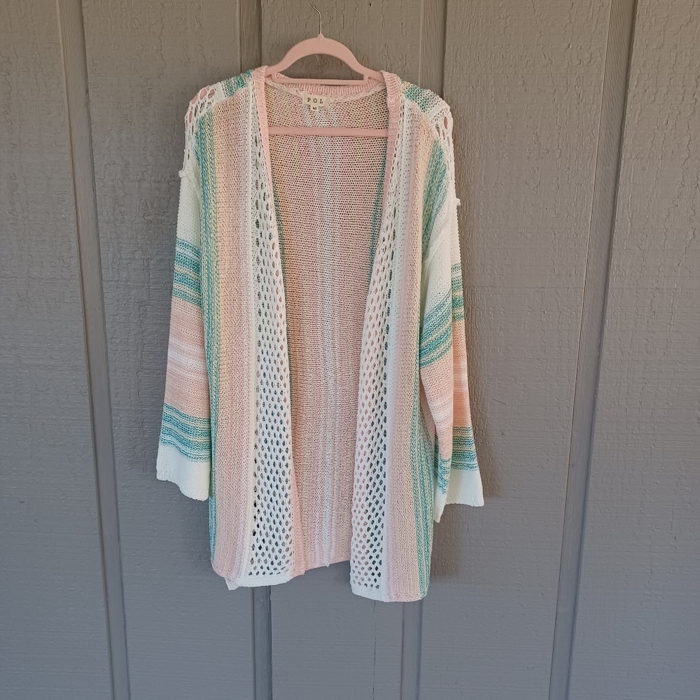 Pol Stripe Pattern Open Front Cardigan Size M Women Boho Preppy Long Sleeve